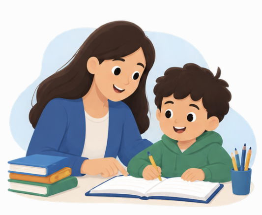 A warm educational support setting with thoughtful planning materials